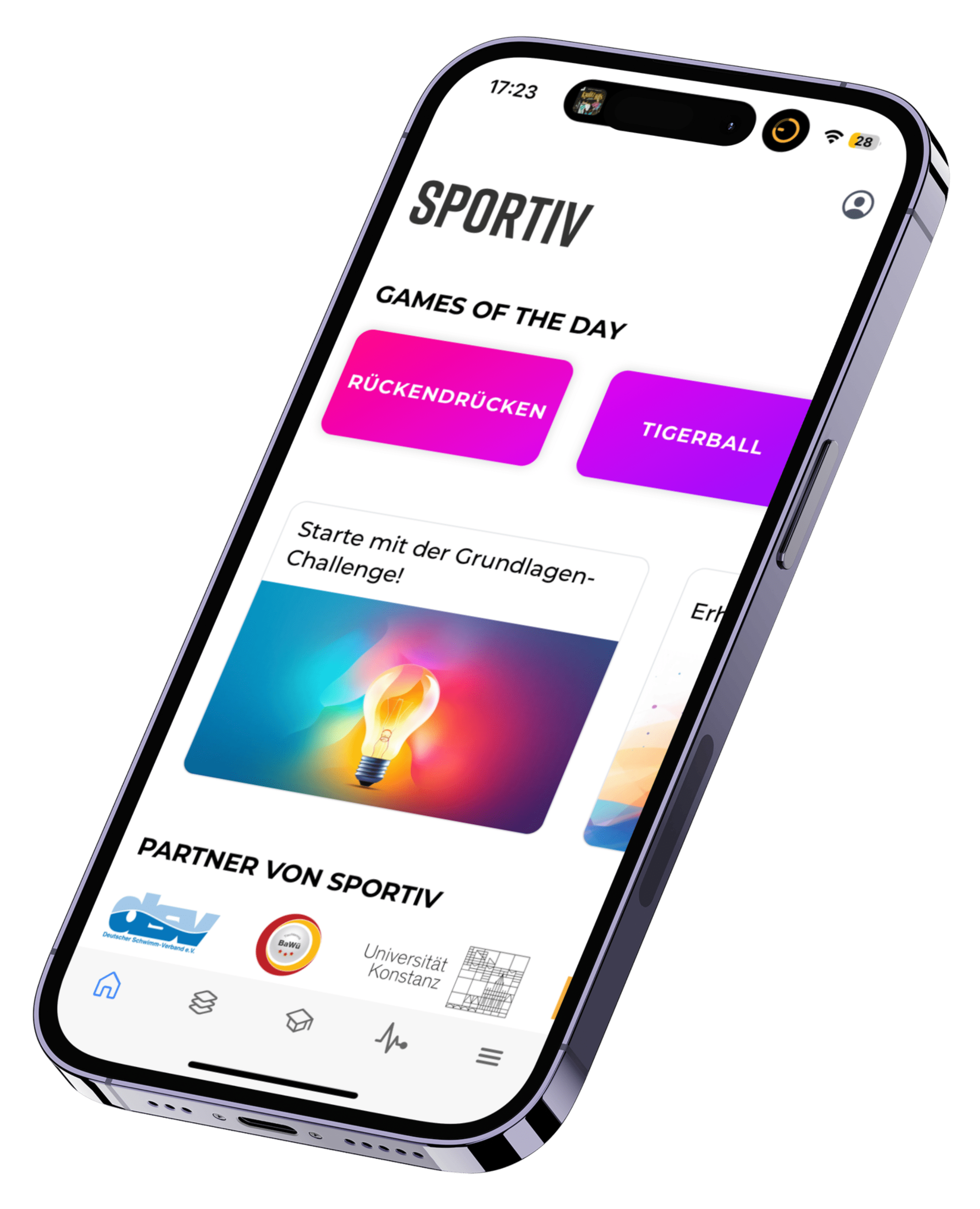 Ein Smartphone zeigt den Startbildschirm der Sportiv-App