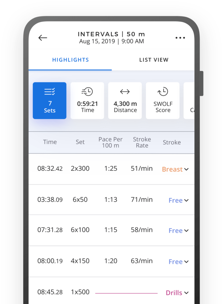 In der FORM-App für Schwimmer*innen werden die zurückgelegte Distanz und die geschwommene Lage angezeigt