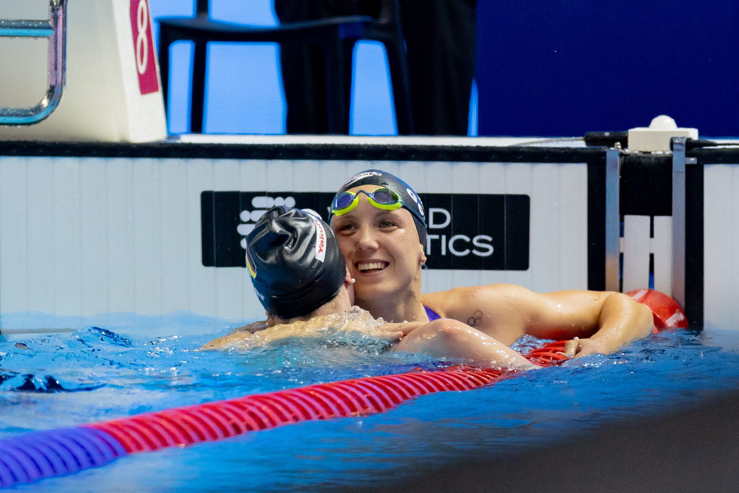 World Championships Arena, Singapur 27.7.2025: World Aquatics Championships Singapur 2025 - Schwimmen Vorlaeufe Tag 1, Maya Werner, Isabel Gose (Photo by JoKleindl)