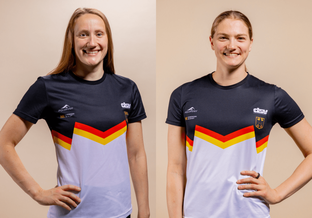 Collage mit Porträtfotos der Schwimmerinnen Jeannette Spiwoks und Nina Holt vom Media Day am Rande der Deutschen Meisterschaften 2025 in Berlin