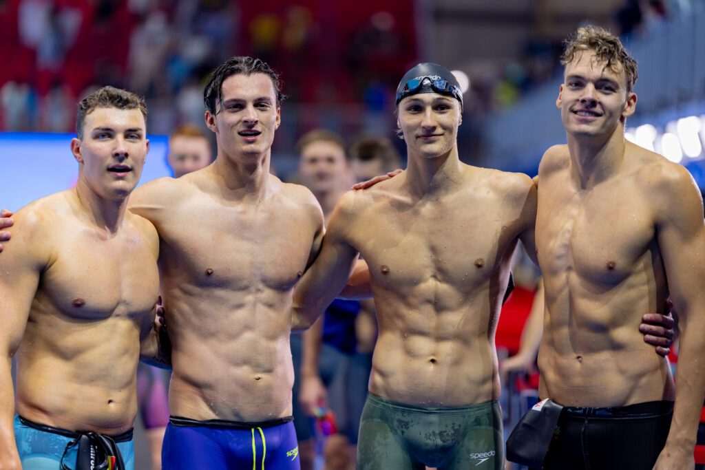 Deutschlands schnellste Freistilsprinter: Rafael Miroslaw, Luca Nik Armbruster, Kaii Liam Winkler und Josha Salchow