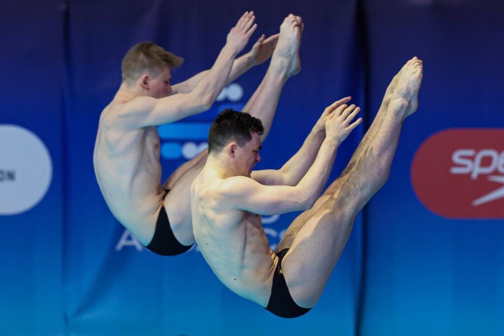Die Wasserspringer Lou Massenberg und Jonathan Schauer aus Deutschland im 3m-Synchronwettbewerb beim Weltcup 2026 in Montreal