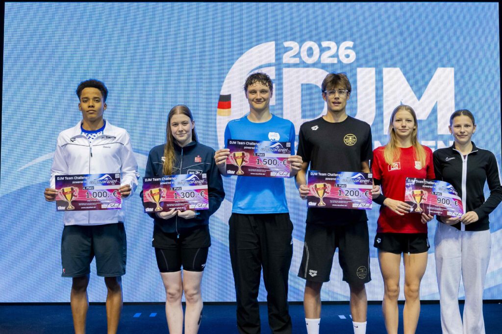 Die fünf besten Verein der DJM Schwimmen 2026 bei der Auszeichnung der Aquafeel Team Challenge