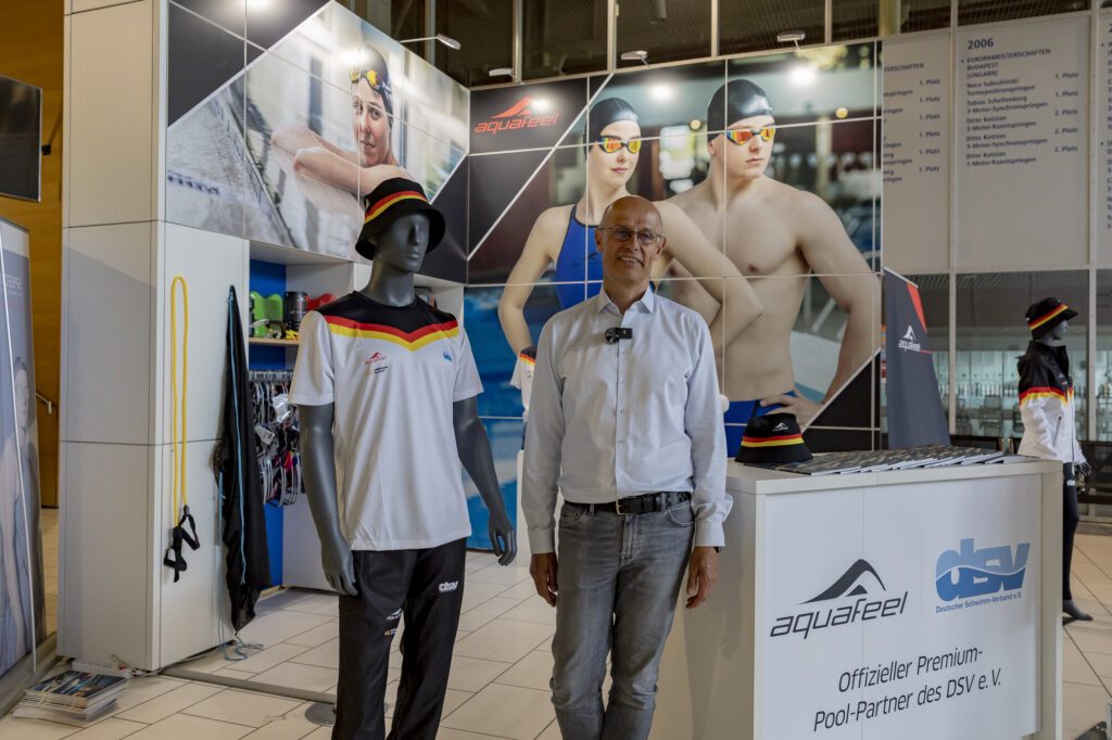 Den besten Platz in der SSE am Eingang der SSE ist natürlich für einen Premium-Pool-Partner wie Aquafeel reserviert: Hier wird die aktuelle Kollektion präsentiert