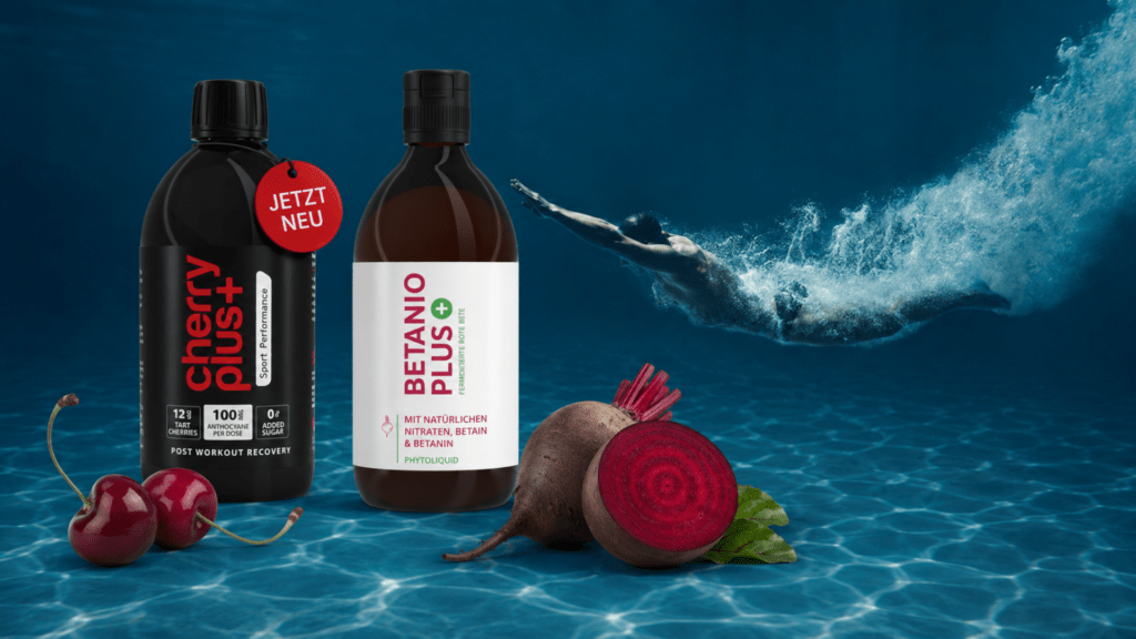 Werbefoto der Firma Cellavent mit je einer Flasche Betanio PLUS und Cherry PLUS
