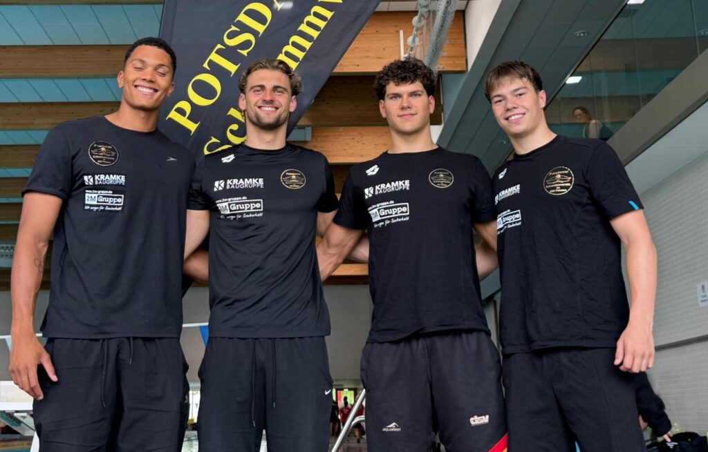 Gemeinsam zum deutschen Rekord: Potsdams Brustschwimmer Melvin Imoudu, Christopher Weidner, Malte Gräfe und Noah Heinlein