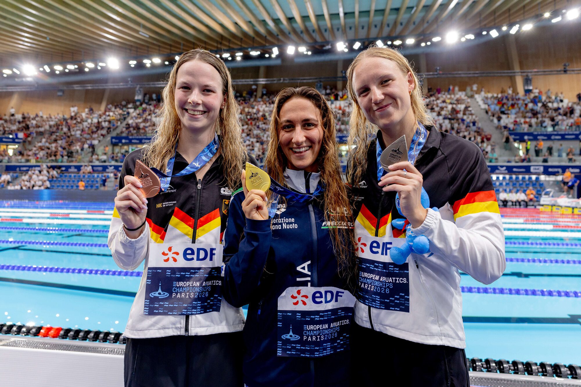 France, Paris - 11.08.2026: European Aquatics Championships 2026 - Day 12 Swimming Evening Session, Maya Werner, Germany, Simona Quadarella, Italy, Isabel Gose (Photo by JoKleindl)