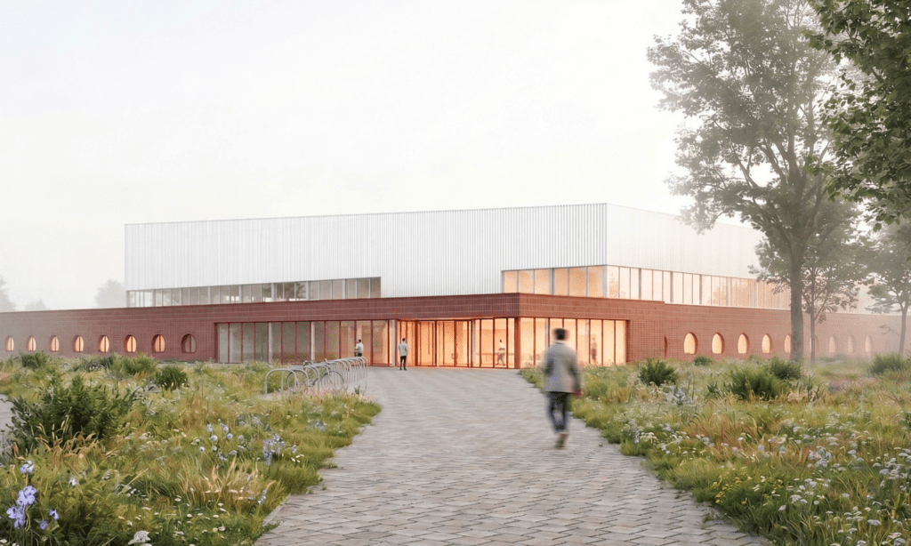 Visualisierung mit einer Außenansicht des geplanten Schwimmzentrums für Deutschland in Magdeburg