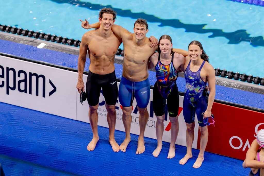 Lucas Matzerath, Ole Braunschweig, Yara Fay Riefstahl und Linda Roth nach dem EM-Vorlauf